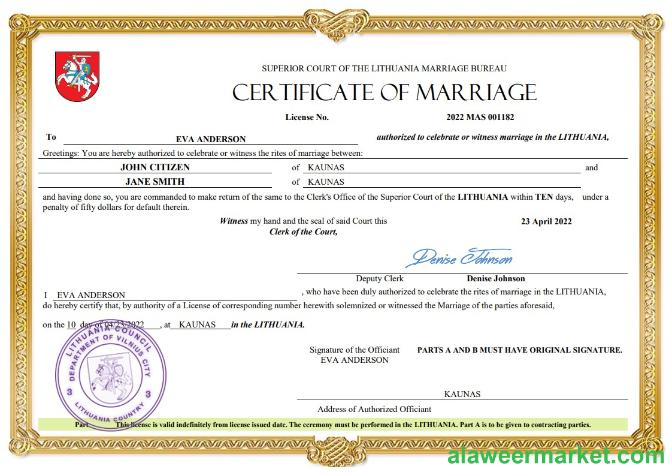 Lithuania marriage certificate Word and PDF template